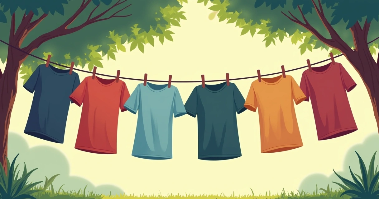 Camisetas masculinas penduradas à sombra em um varal