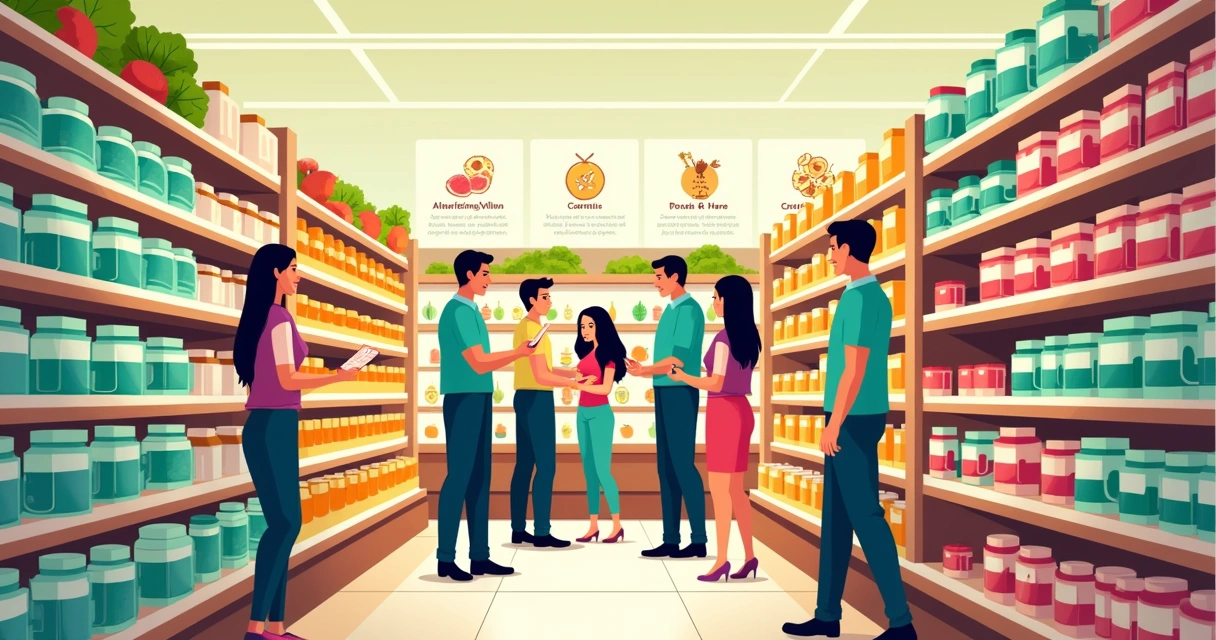 Seção de suplementos em um supermercado, pessoas lendo rótulos e comparando produtos.