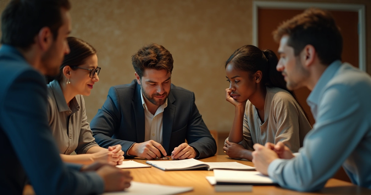 People gathered quietly around a table, some whispering and exchanging glances. 