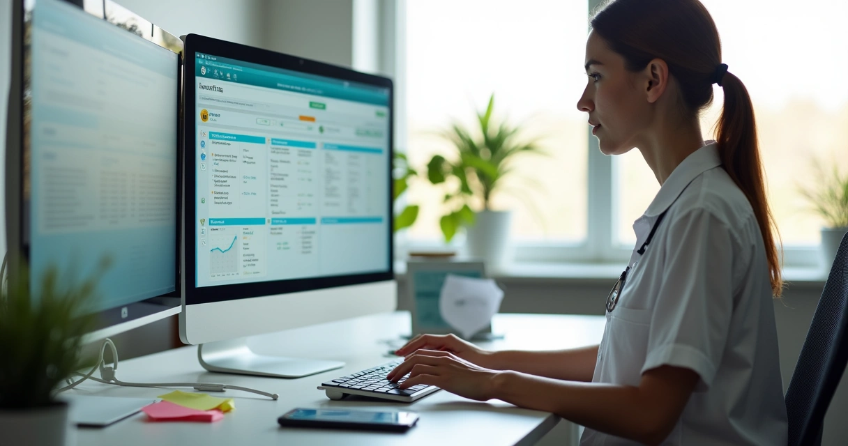 Secretária médica atualizando agenda pelo computador 