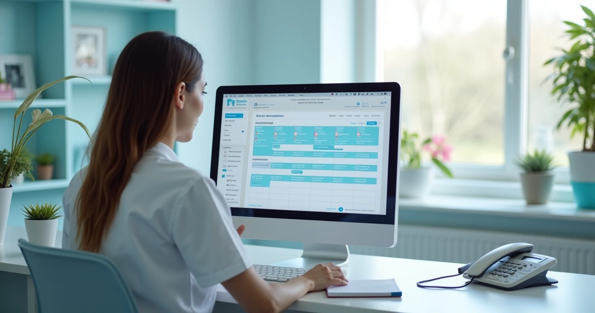 Secretária organizando agenda digital em clínica odontológica 