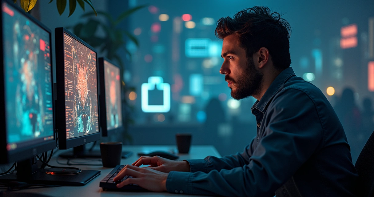 Secretária usando computador com interface de agendamento automático exibida na tela 