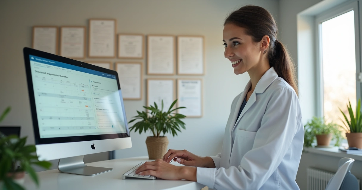 Secretária sorridente agendando consulta em clínica odontológica pelo computador 