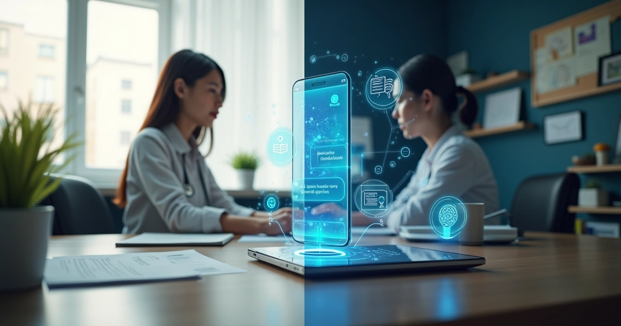 Secretária presencial e assistente virtual trabalhando lado a lado com elementos digitais ao redor