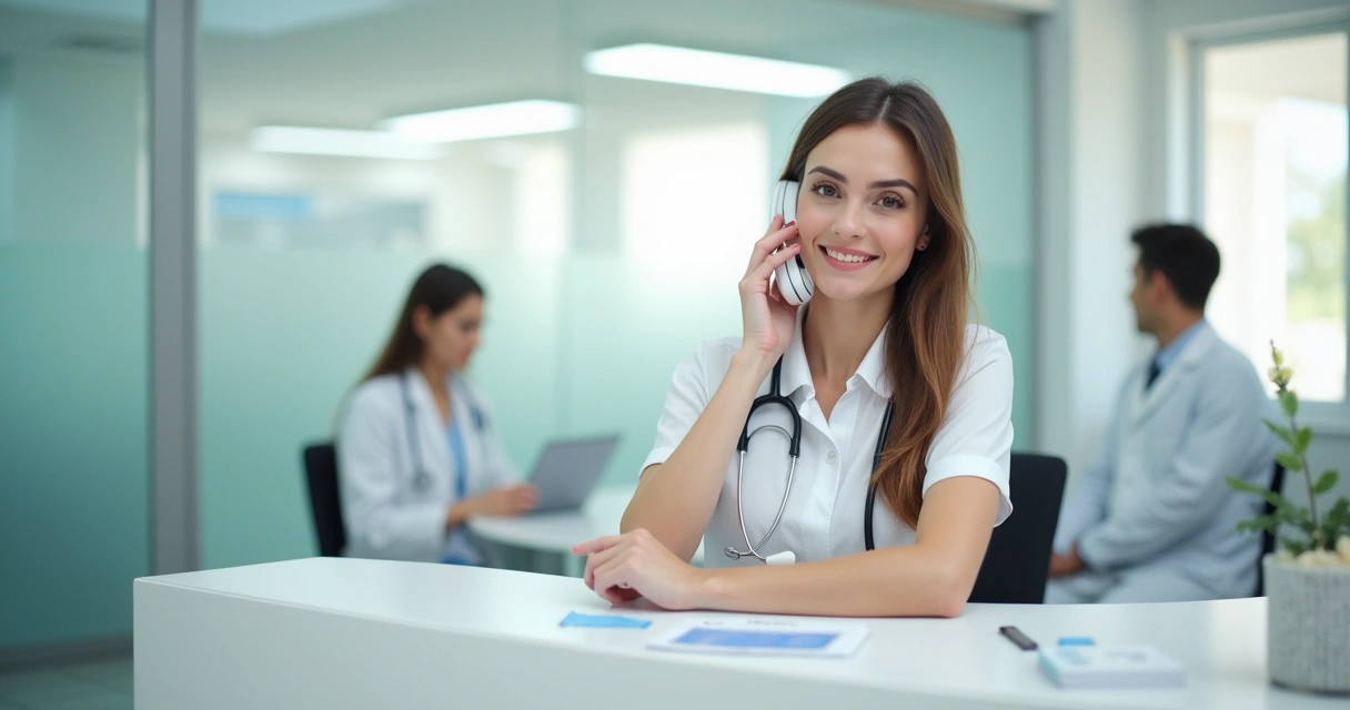Secretária atendendo ligação em clínica médica 