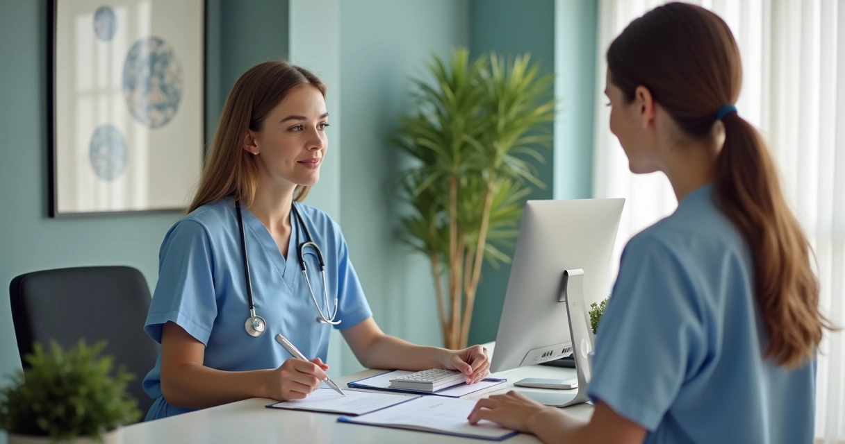 Secretária médica organizando agenda e acolhendo paciente na recepção da clínica 