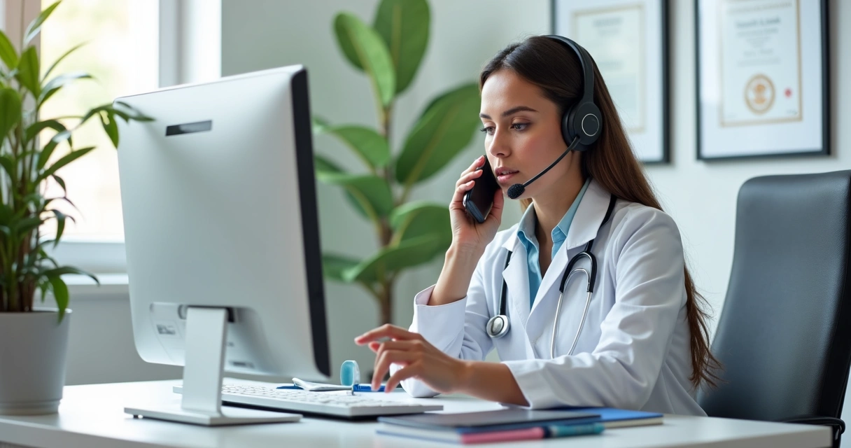Secretária médica atendendo telefone com computador e anotações de agendamento na recepção de clínica 