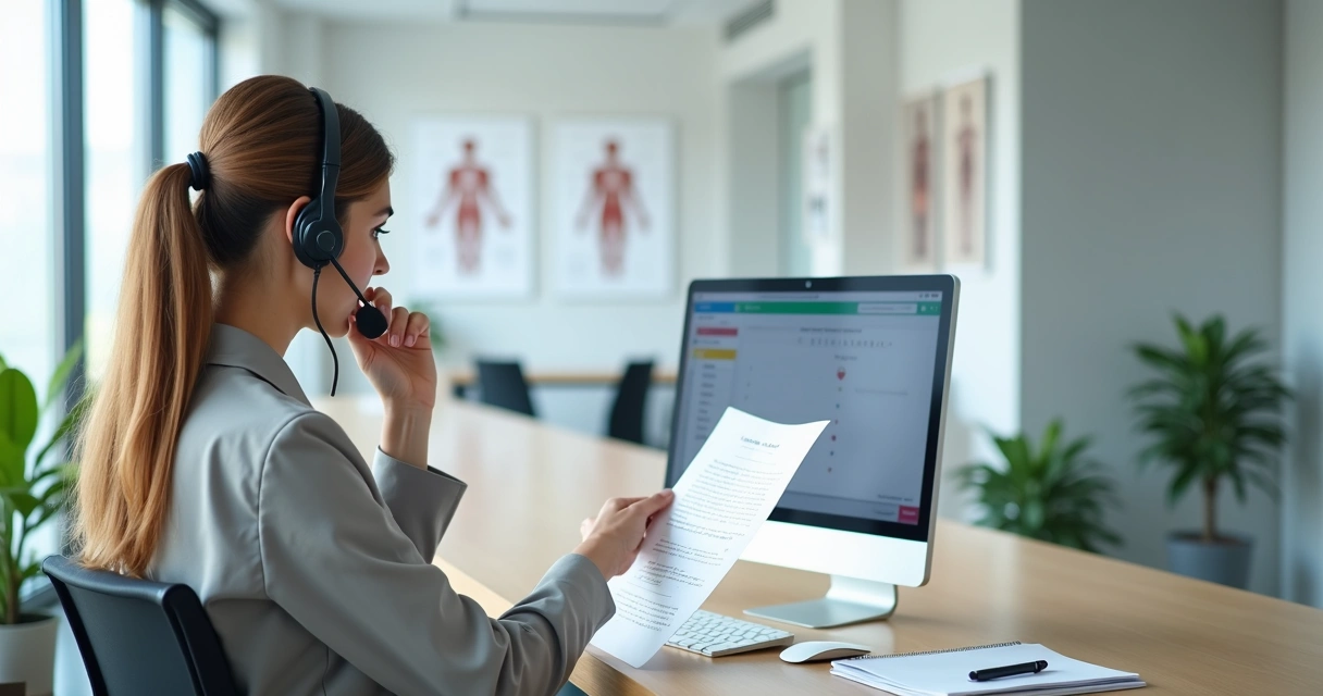Secretária de clínica médica atendendo ligação com roteiro impresso na mesa 