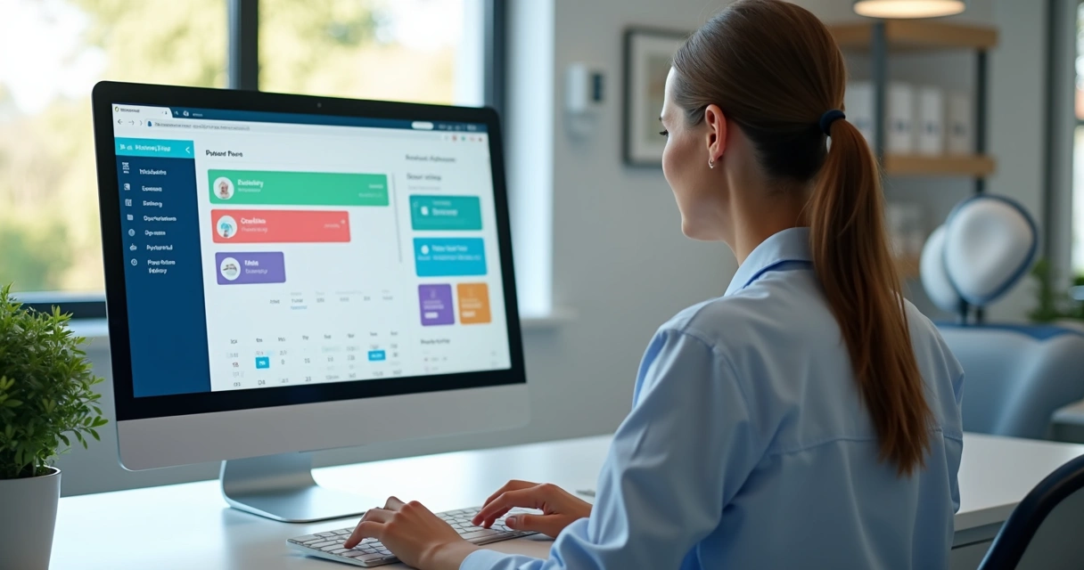 Secretária usando computador em clínica odontológica moderna