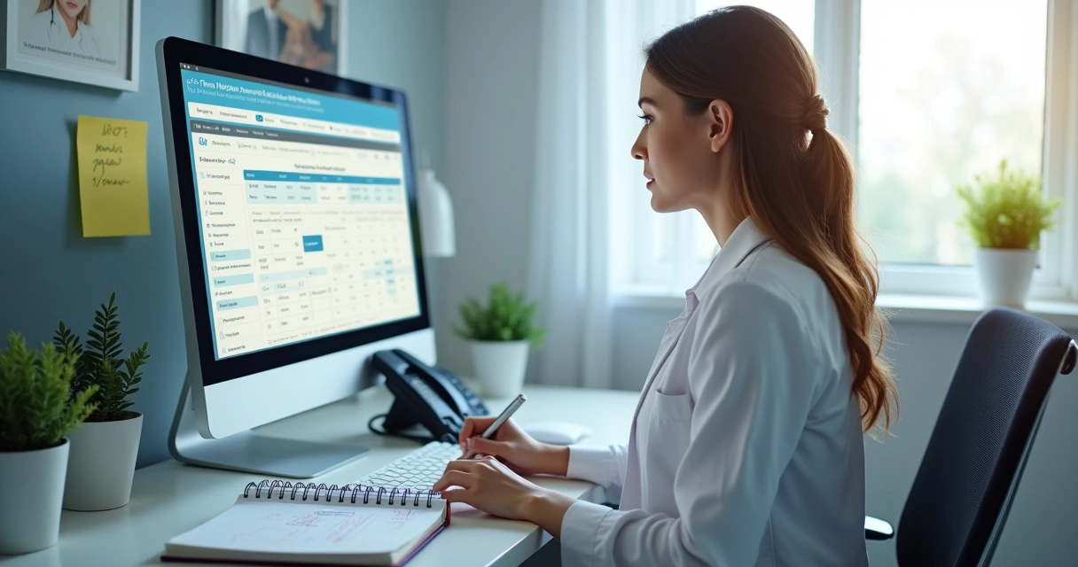 Profissional de secretaria de clínica analisando agenda médica no computador ao lado de telefone e caderno 