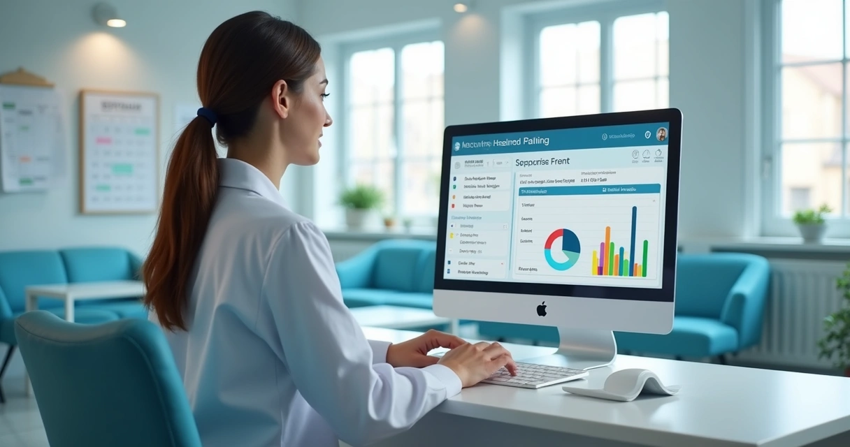 Secretária em clínica usando painel com IA e agenda digital