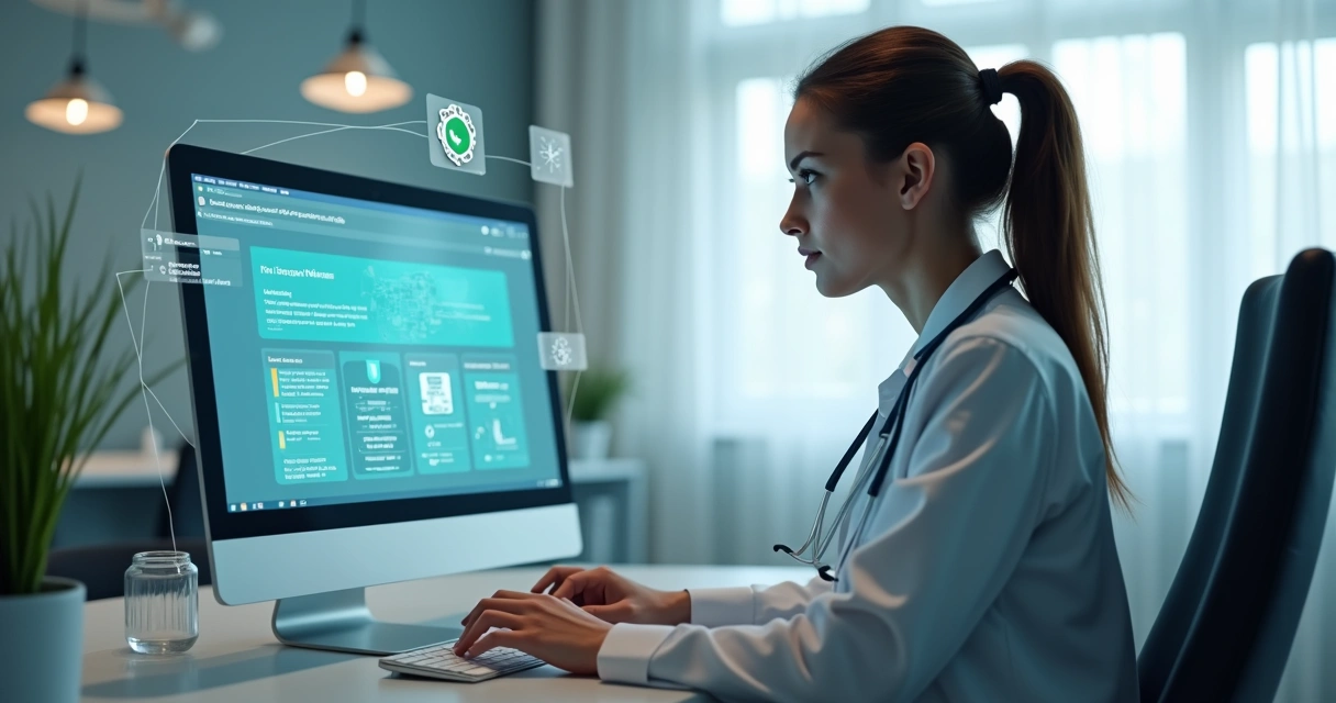 Secretária de clínica usando computador com interface moderna e elementos de automação digital 