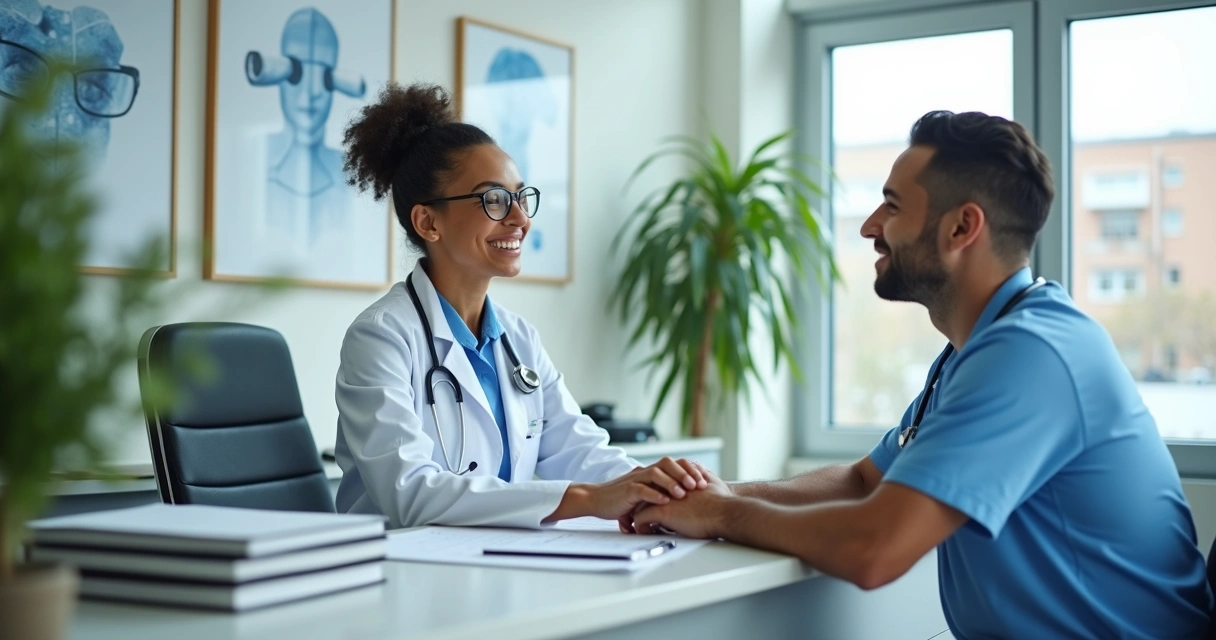 Secretária conversando com paciente em clínica de saúde 