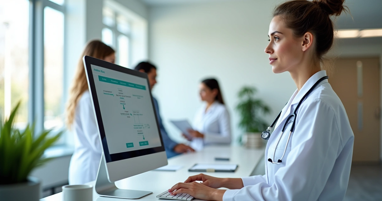 Secretária de clínica usando computador com colegas ao fundo 