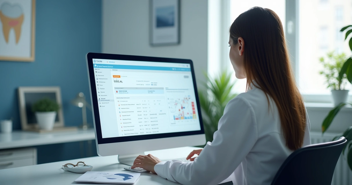 Secretária usando CRM odontológico na tela do computador 