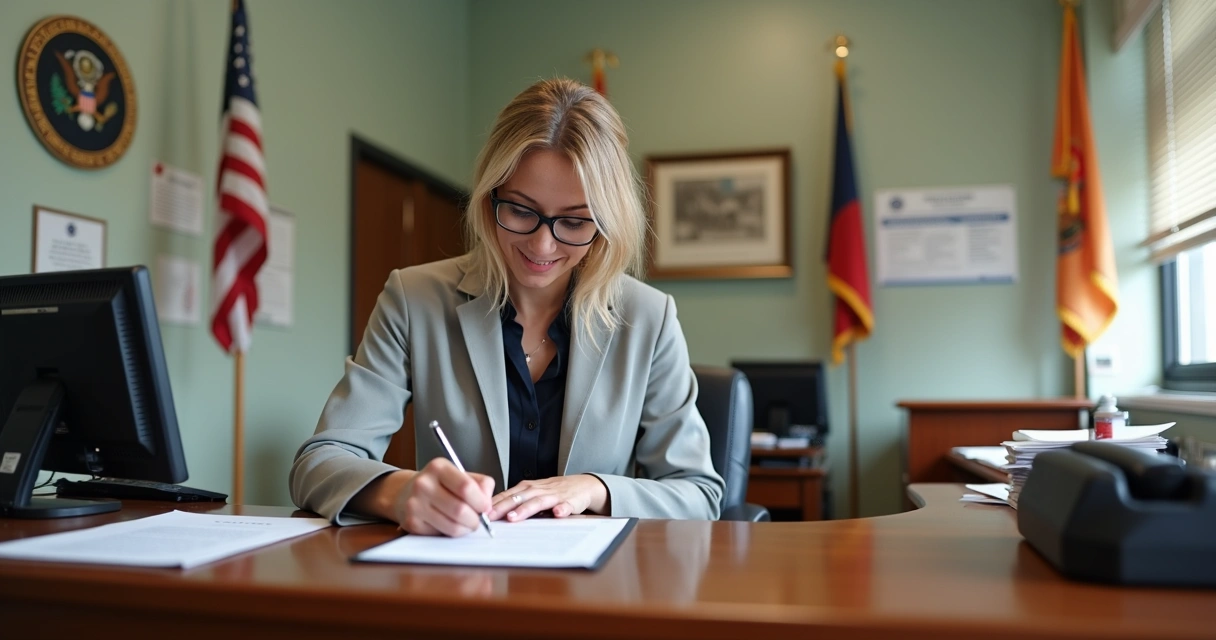 Funcionária de secretaria de estado americana manuseando documentos 