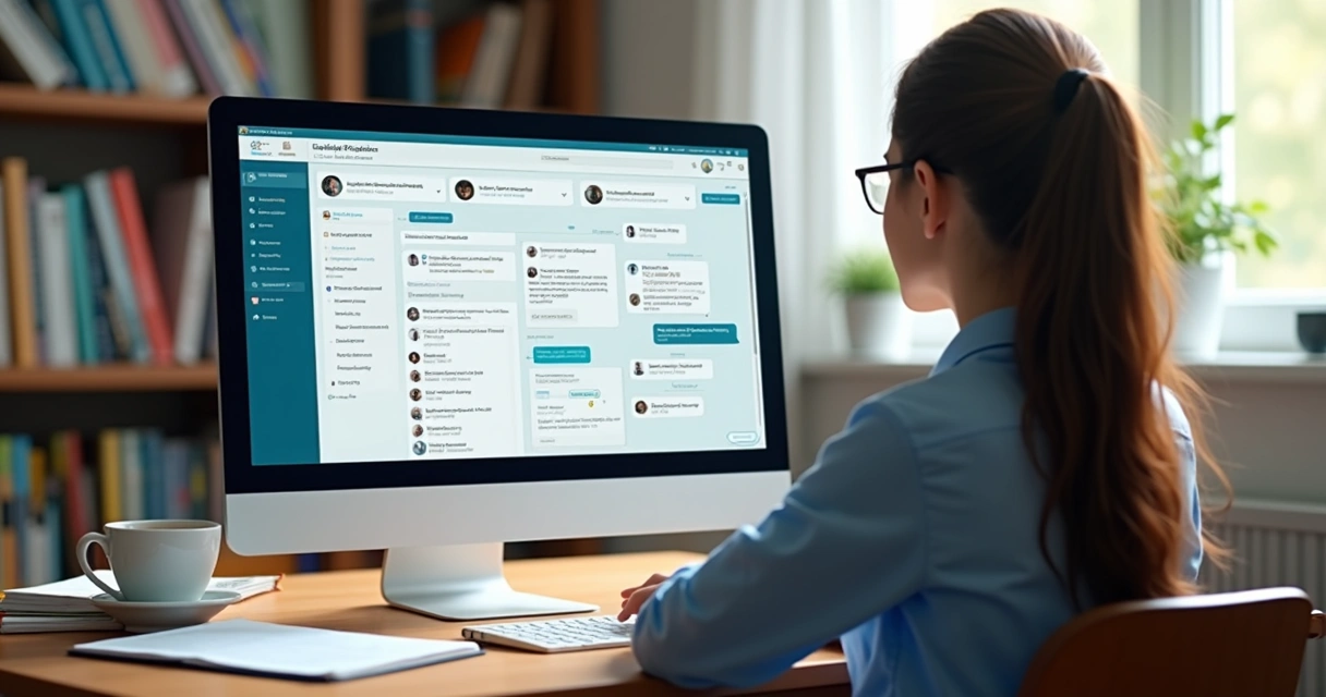 Secretária escolar diante de computador acompanhando painel de chatbot
