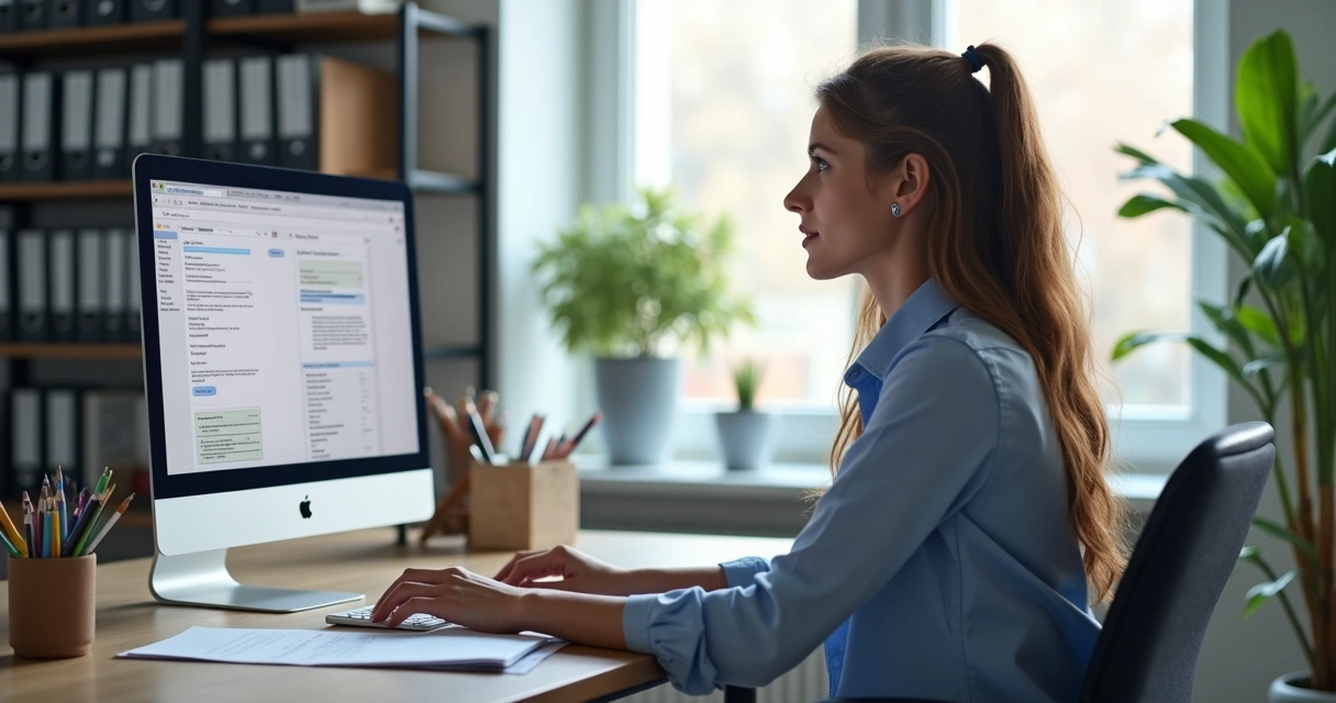 Secretária escolar usando computador para matrículas online 