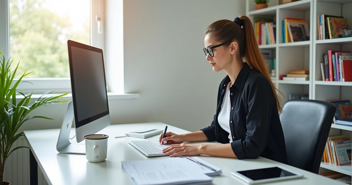 Secretária escolar organizando documentos digitais 