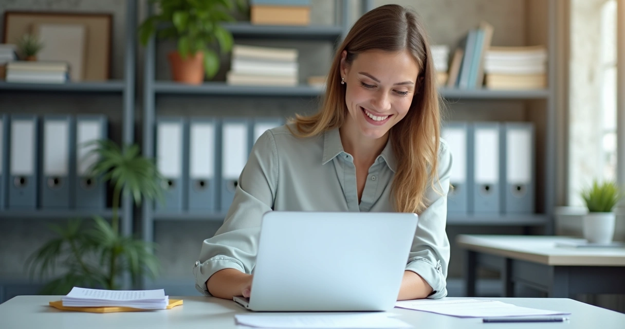 Secretária escolar digitalizando papéis em escritório moderno 