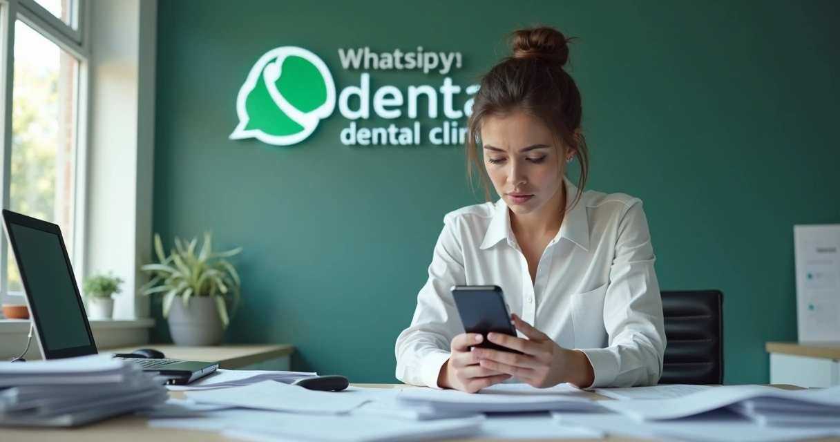 Secretária com expressão de cansaço olhando para o telefone 