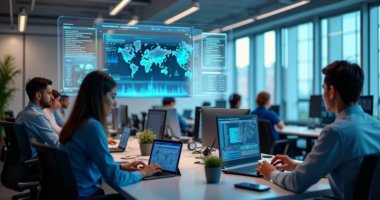 Funcionários em secretaria municipal usam interface digital com gráficos e IA integrada 