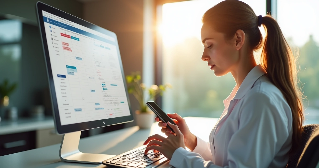 Secretária digitando em celular ao lado de computador na recepção do consultório 