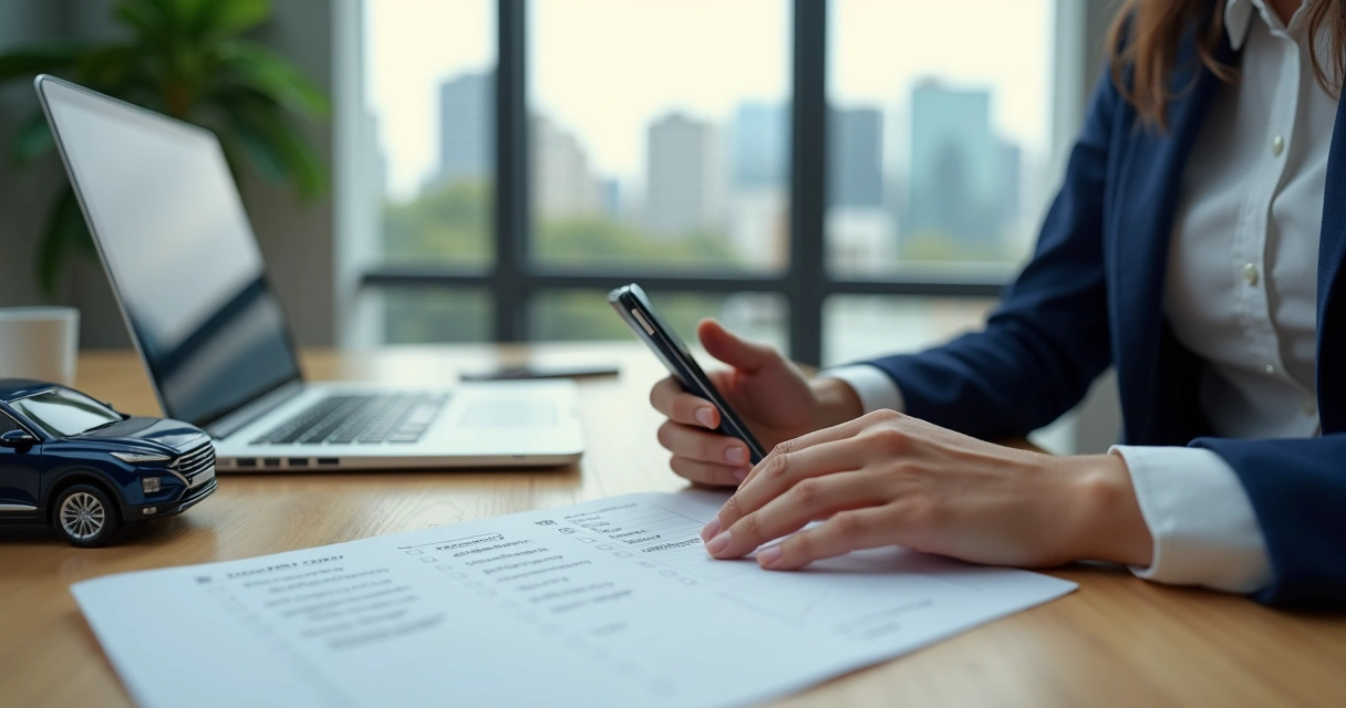 Secretária organiza checklist de transfer executivo em mesa de escritório moderno 