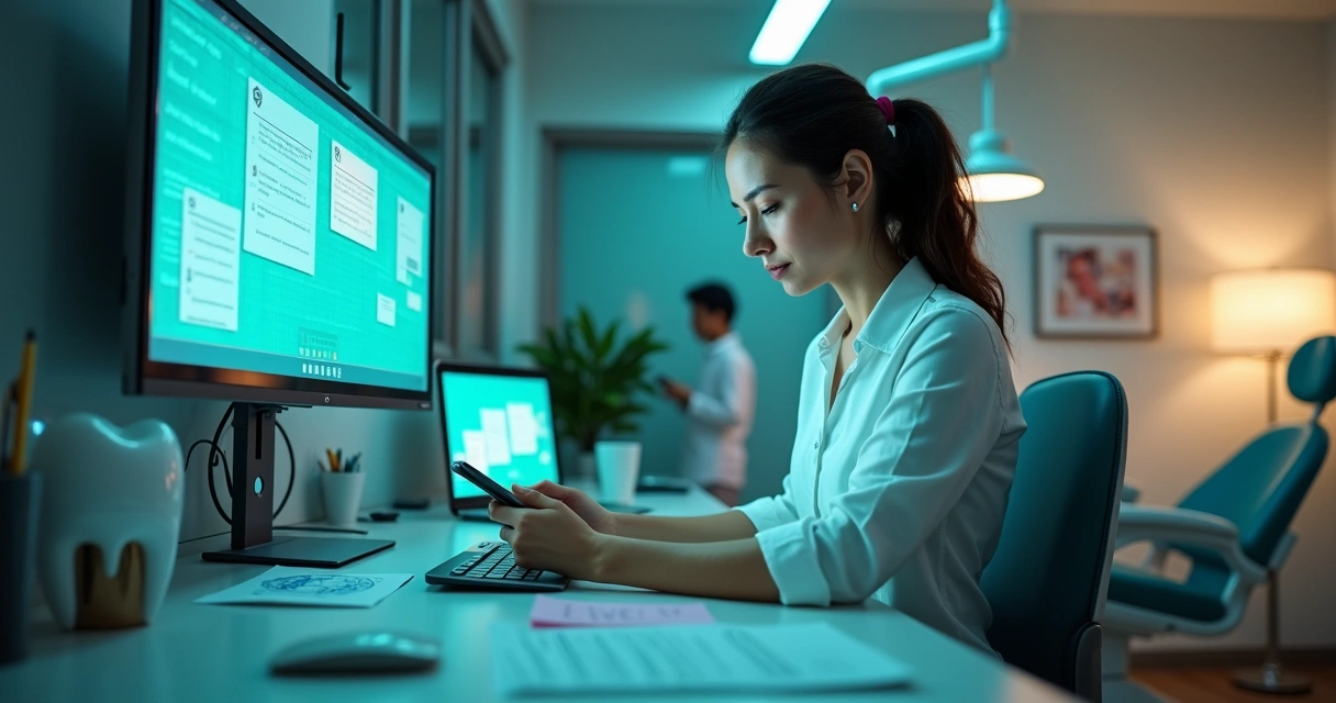 Secretária de clínica odontológica sobrecarregada cercada por telas de agendamento digital 