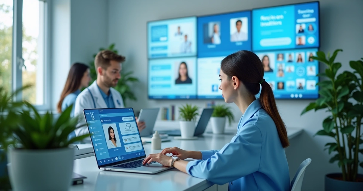 Secretária interagindo com pacientes nas redes sociais em uma clínica moderna 