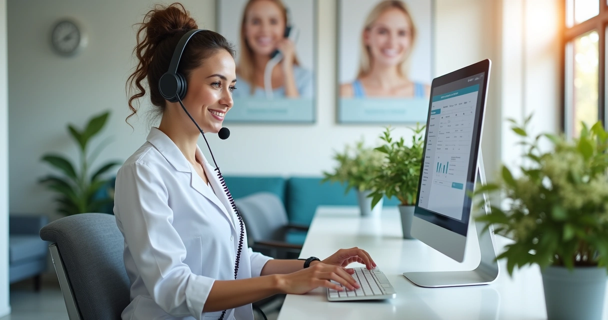 Secretária em ambiente de clínica odontológica atendendo chamada telefônica e utilizando computador moderno 