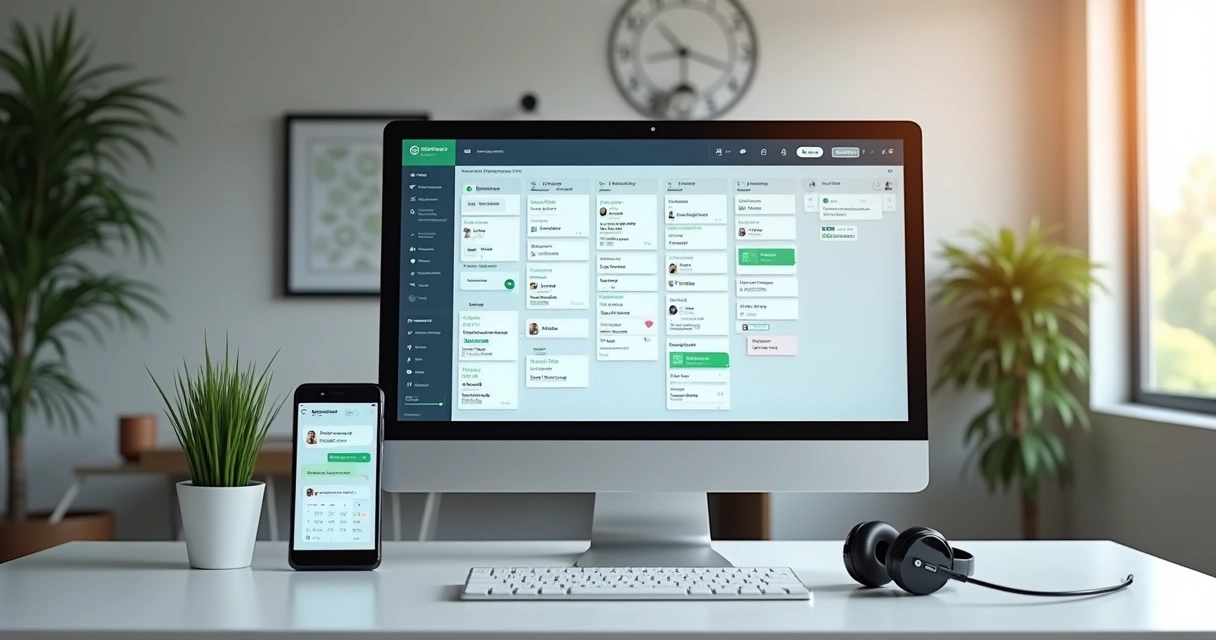 Secretária virtual atendendo cliente via computador com fundo de escritório moderno e digital 