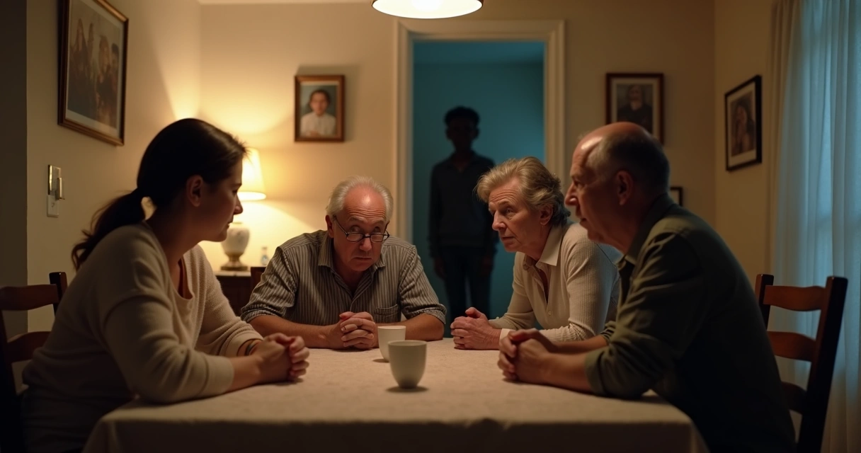 Familia sentada en la mesa con una figura borrosa en sombras al fondo 