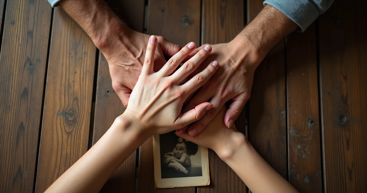Manos entrelazadas de tres generaciones, con una fotografía antigua en el centro 