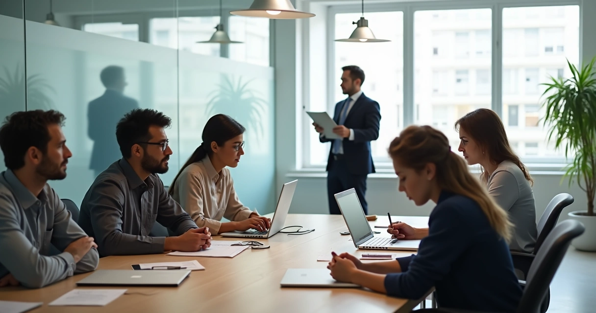 Reunión de equipo de oficina dividida entre colaboración abierta y secretos en segundo plano 