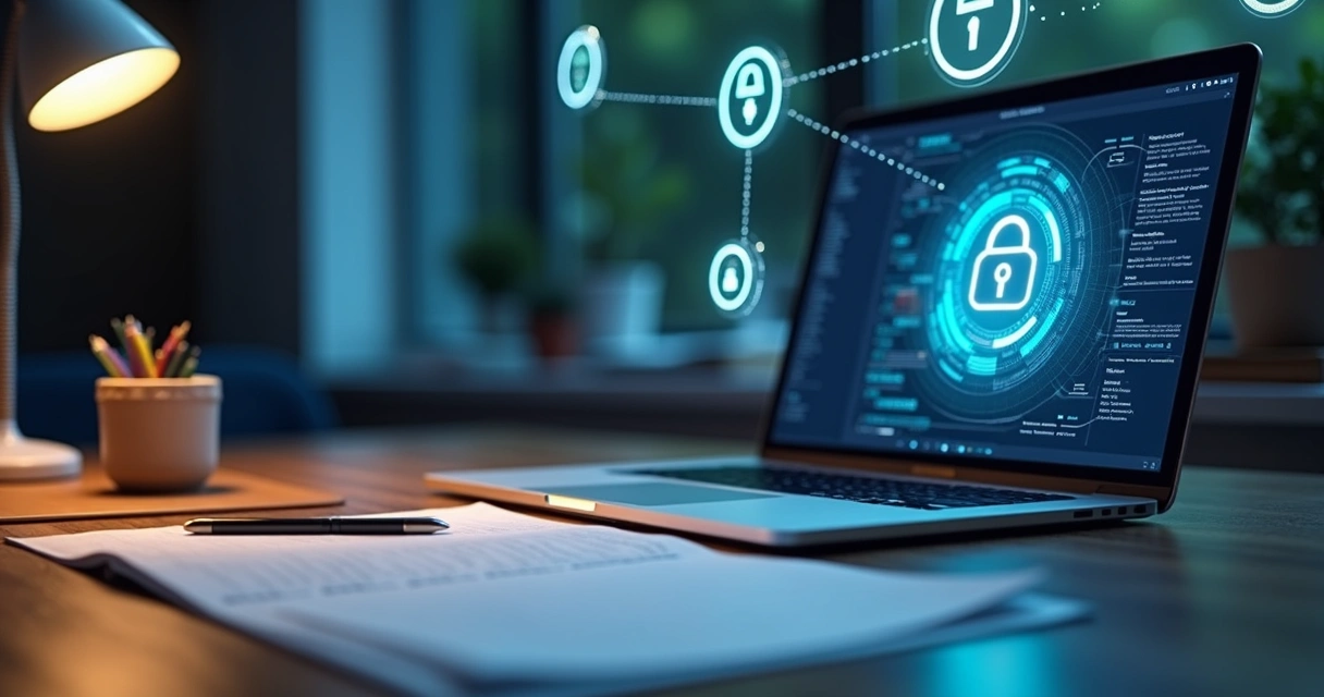 Ledger and laptop surrounded by lock symbols 