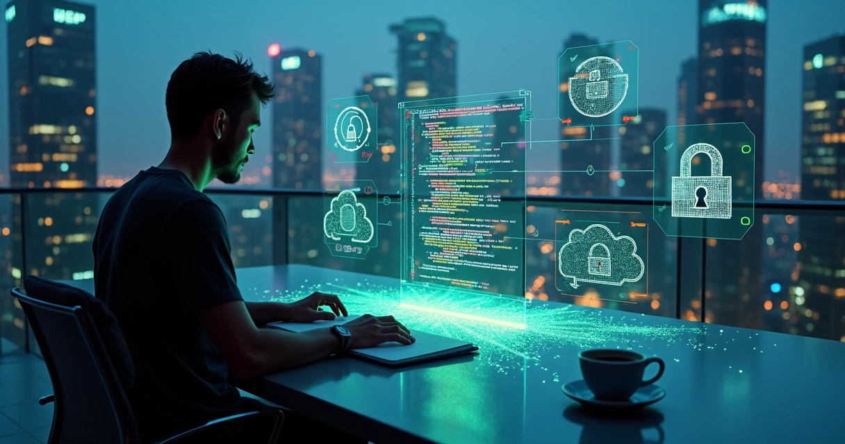 Software developer reviewing AI generated code on transparent screen with security overlays 