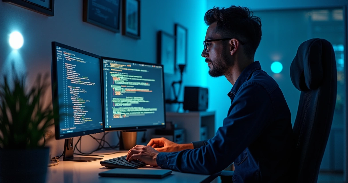Delphi developer reviewing secure API code on multiple screens 