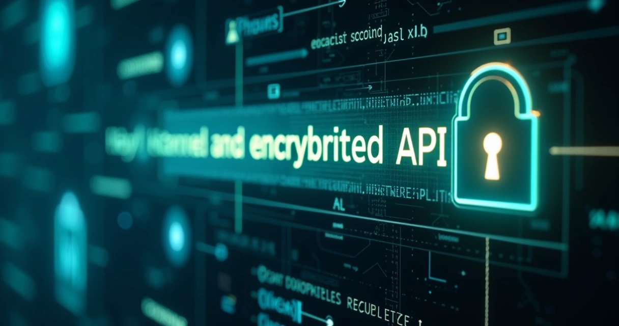Close-up of a digital interface showing an encrypted API key string being entered into a secure login screen with code and shield icons in the background 