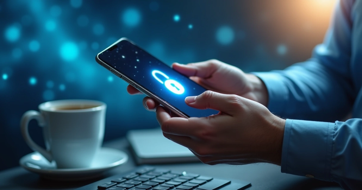 Hands holding smartphone with lock icon on screen 