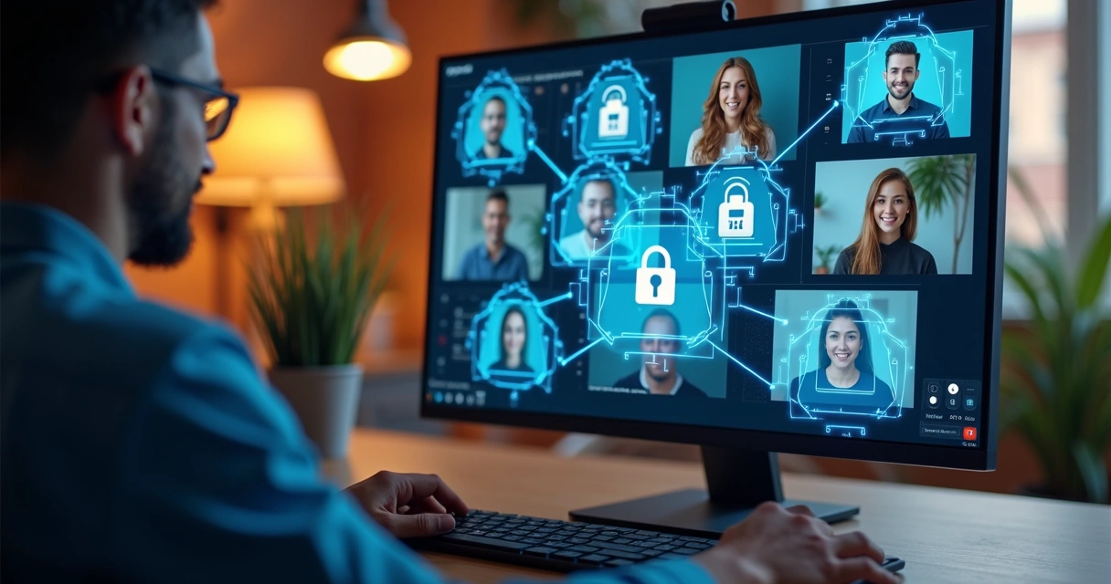 Team members collaborating over secure cloud platform at home offices. 