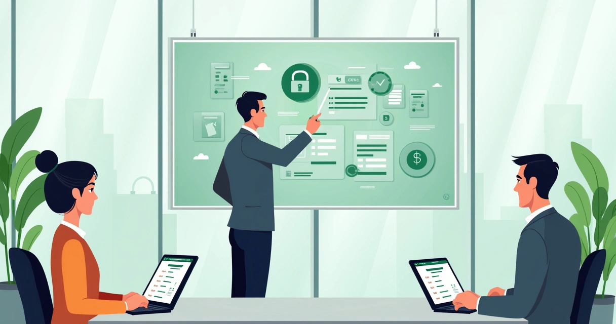 Manager checks digital contract audit on large screen 