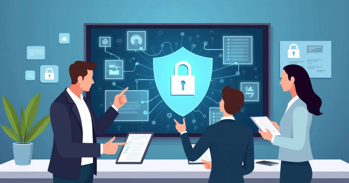People managing data security on devices in an office environment 