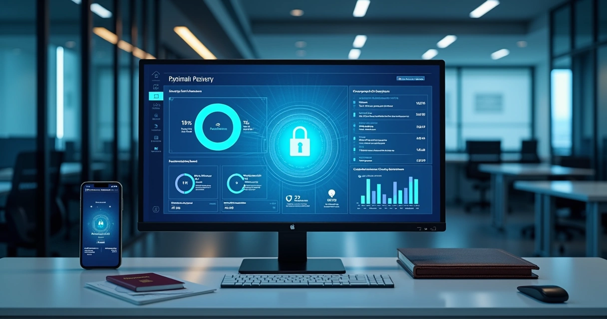 Secure digital banking dashboard on a modern office workstation