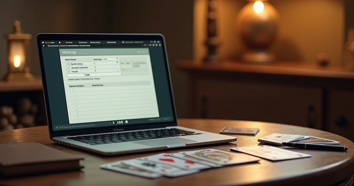 Digital client session record on a laptop beside cards and notes 