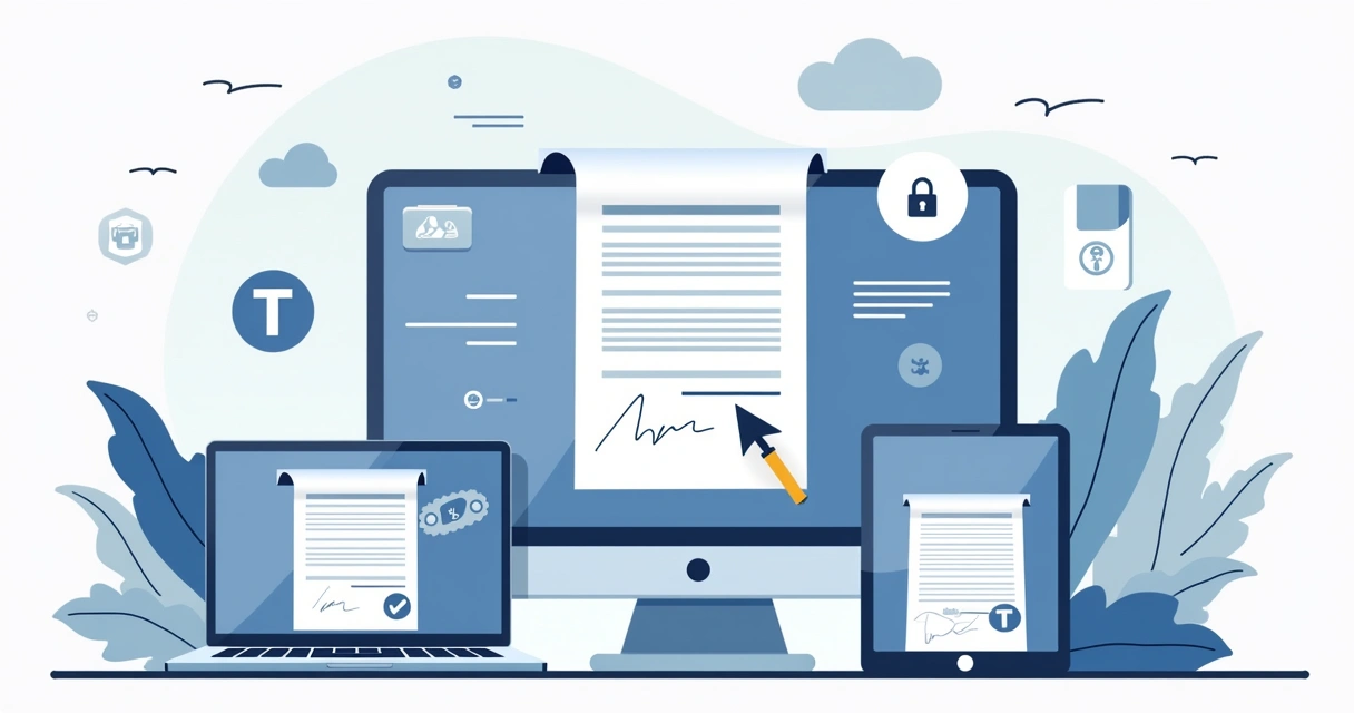 Flat illustration of a digital signature workflow with secure authentication and AI integration