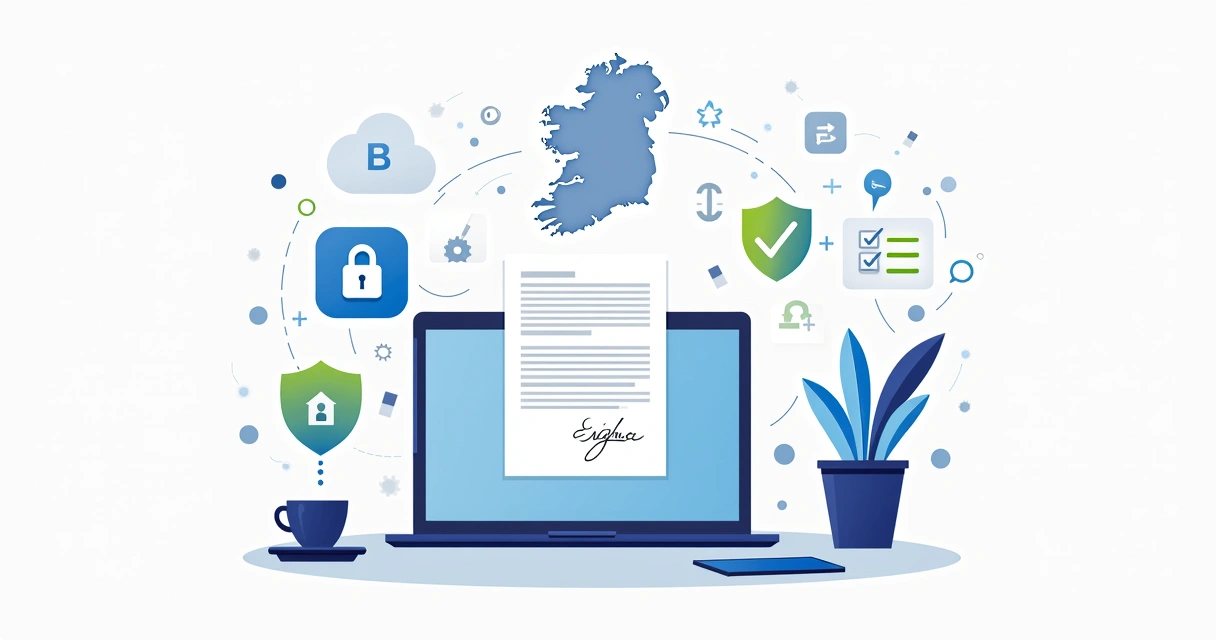 Digital document being securely signed with a cloud, padlock, and shield icons. 