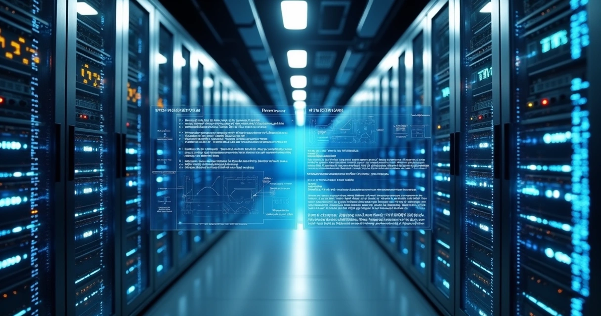 Server racks in secure data center with mining blueprint overlay 
