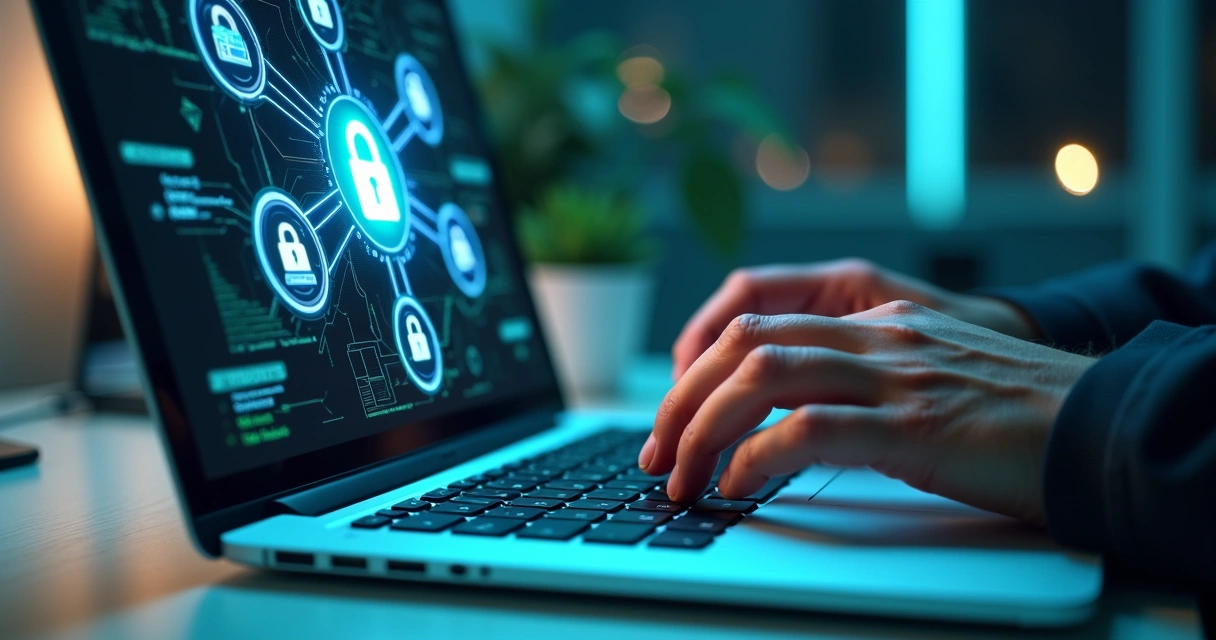 Close-up of a hand typing a complex password on a laptop keyboard with digital lock icons and secure data symbols floating around the screen 