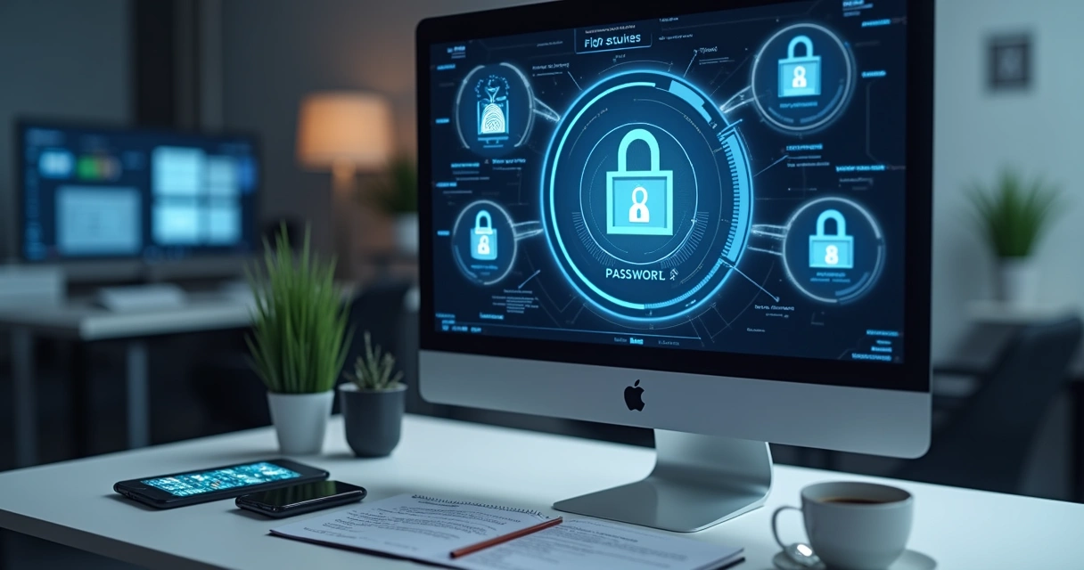 Computer screen showing password vault interface with locked icons and security symbols 